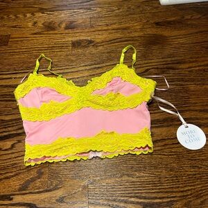 Pink and yell lace MORE TO COME crop top. Size XS, new with tags and never worn
